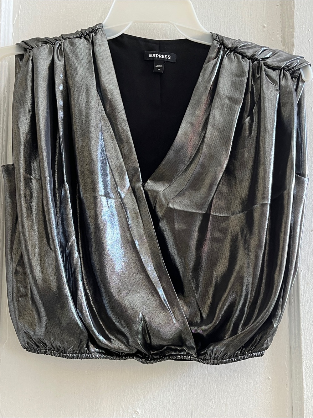 Express Metallic Charcoal Wrap-Front Blouse